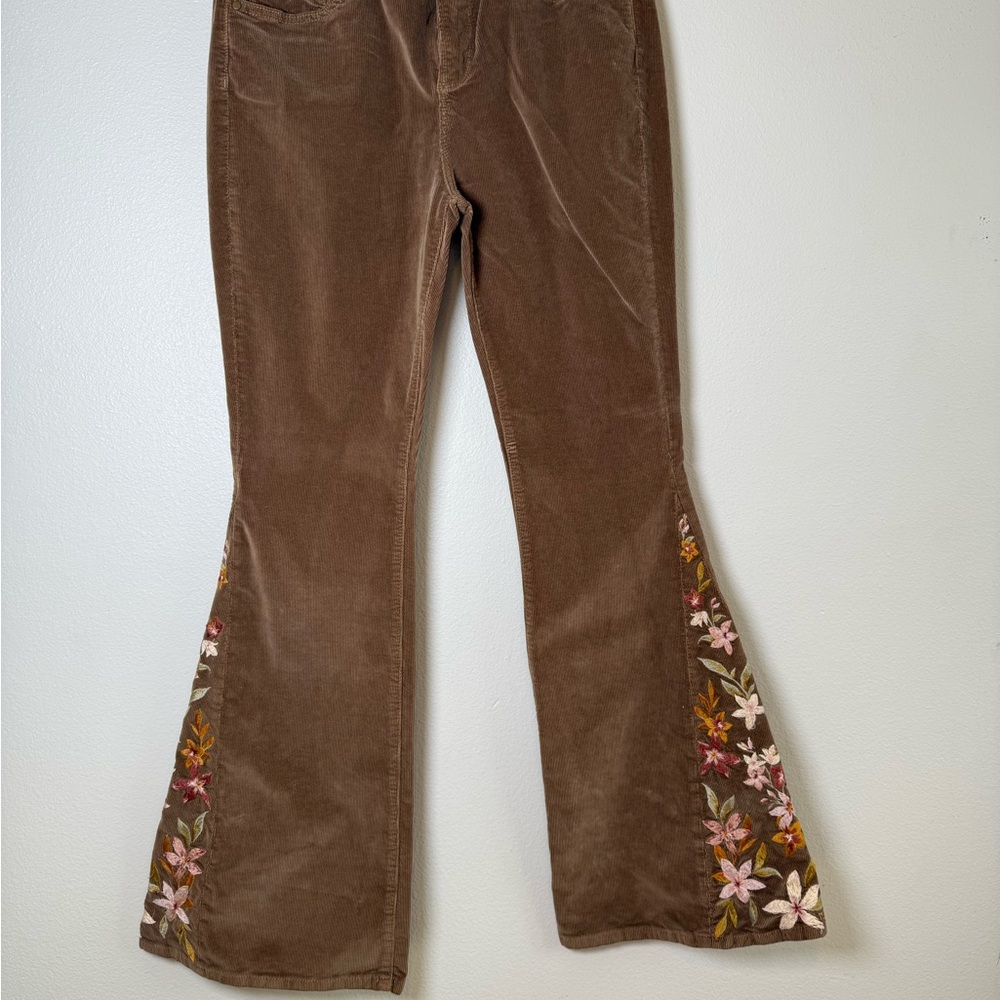DRIFTWOOD Farrah Brown Embroidered Flare Pants with floral Accents - Picture 4 of 9